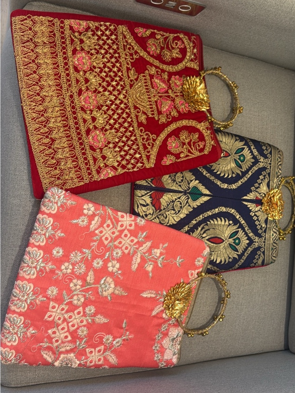 Embroidered Red, Blue and Coral Women’s Handbag Set with Gold Handles